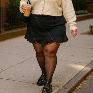 Vintage Y2K Morbid Threads Black Mini Skirt with Yellow Stitching – Size XL